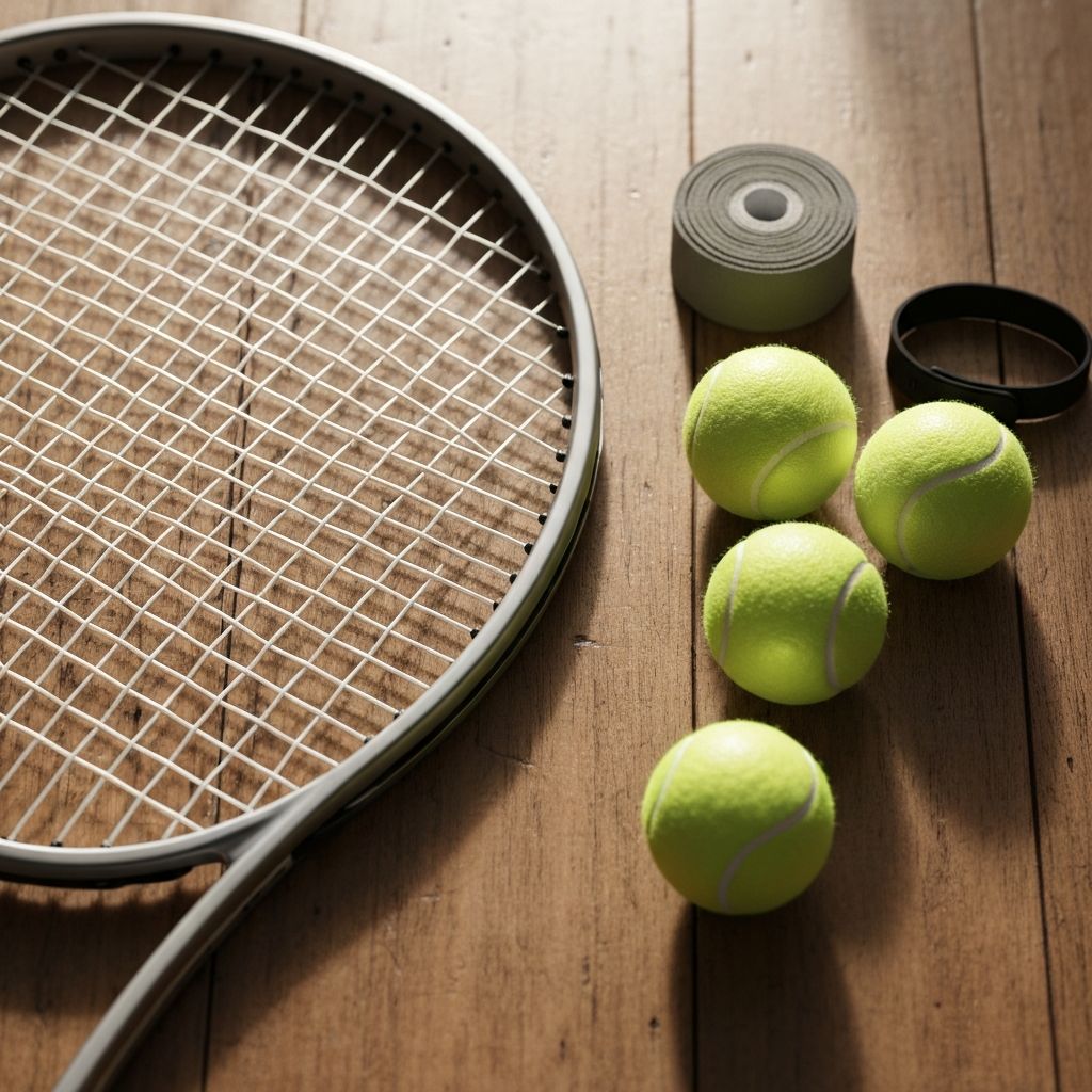 Teniszfelszerelés: ütő és labdák fából készült felületen
